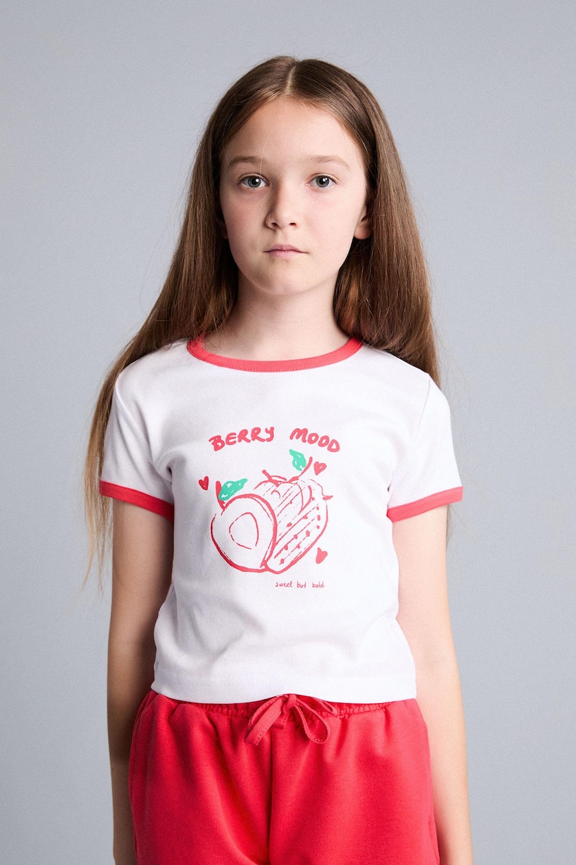 Young Girls - Teen Girls Ecru Girl Strawberry Print T-Shirt Shorts Ribbed 2 Piece Set