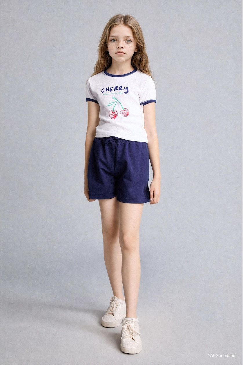 GIRLS & TEENS White Girl Cherry Print T-Shirt Shorts Ribbed 2 Piece Set