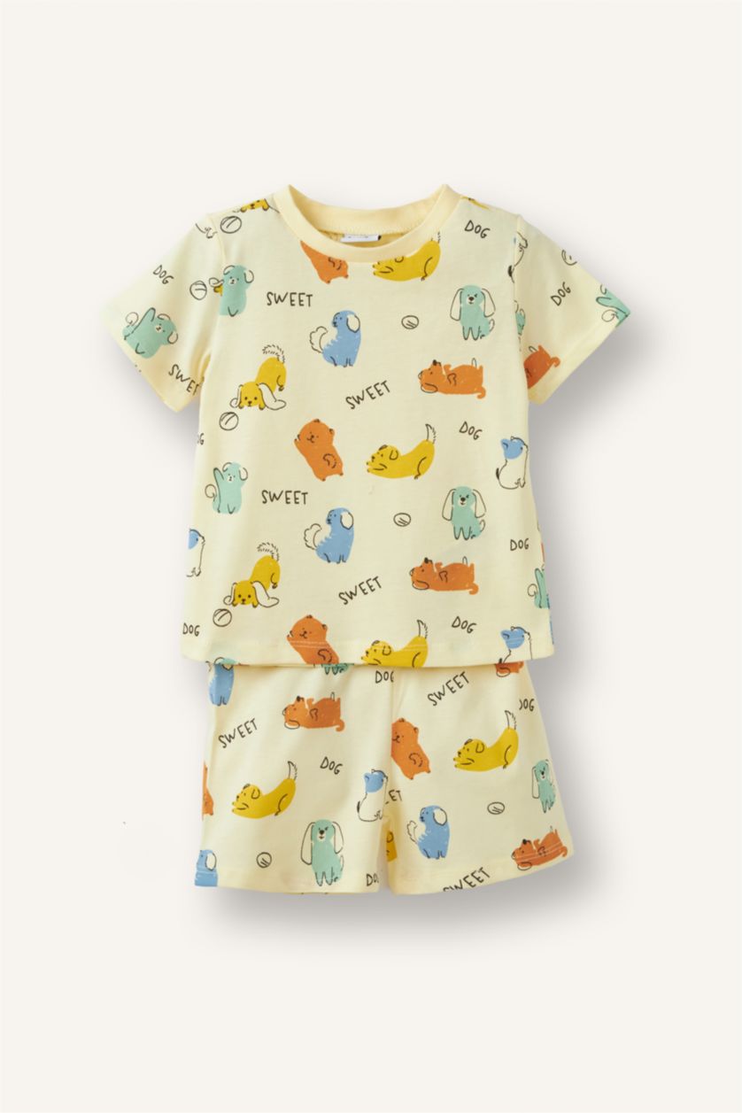 Baby Boys Light Yellow 2 piece Regular Fit Animal Print Knitted Pyjamas