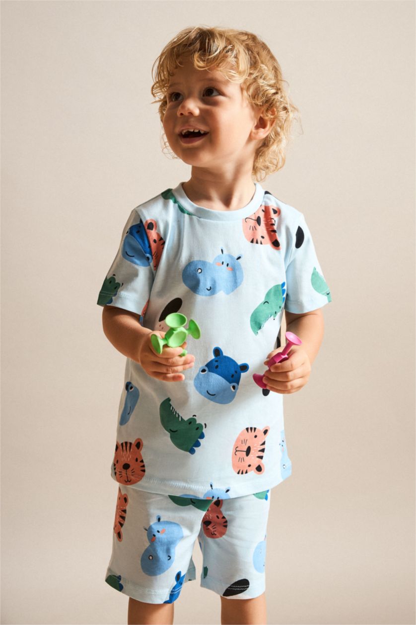Erkek Bebek Açık Mavi %100 Pamuk Hayvan Baskılı 2'Li Pijama Takım Erkek Bebek