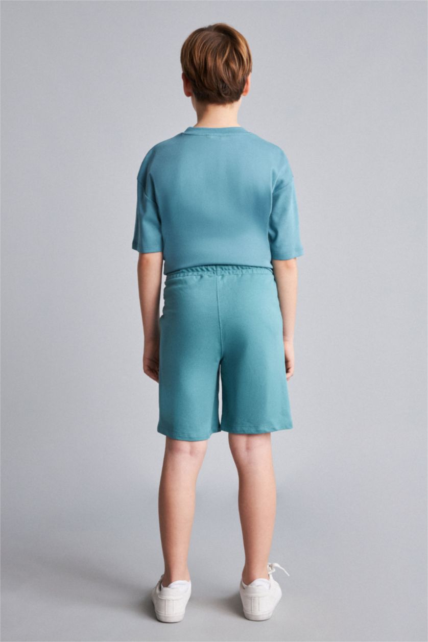 Young Boys - Teen Boys Açık Petrol Oversize Fit Slogan Shorts