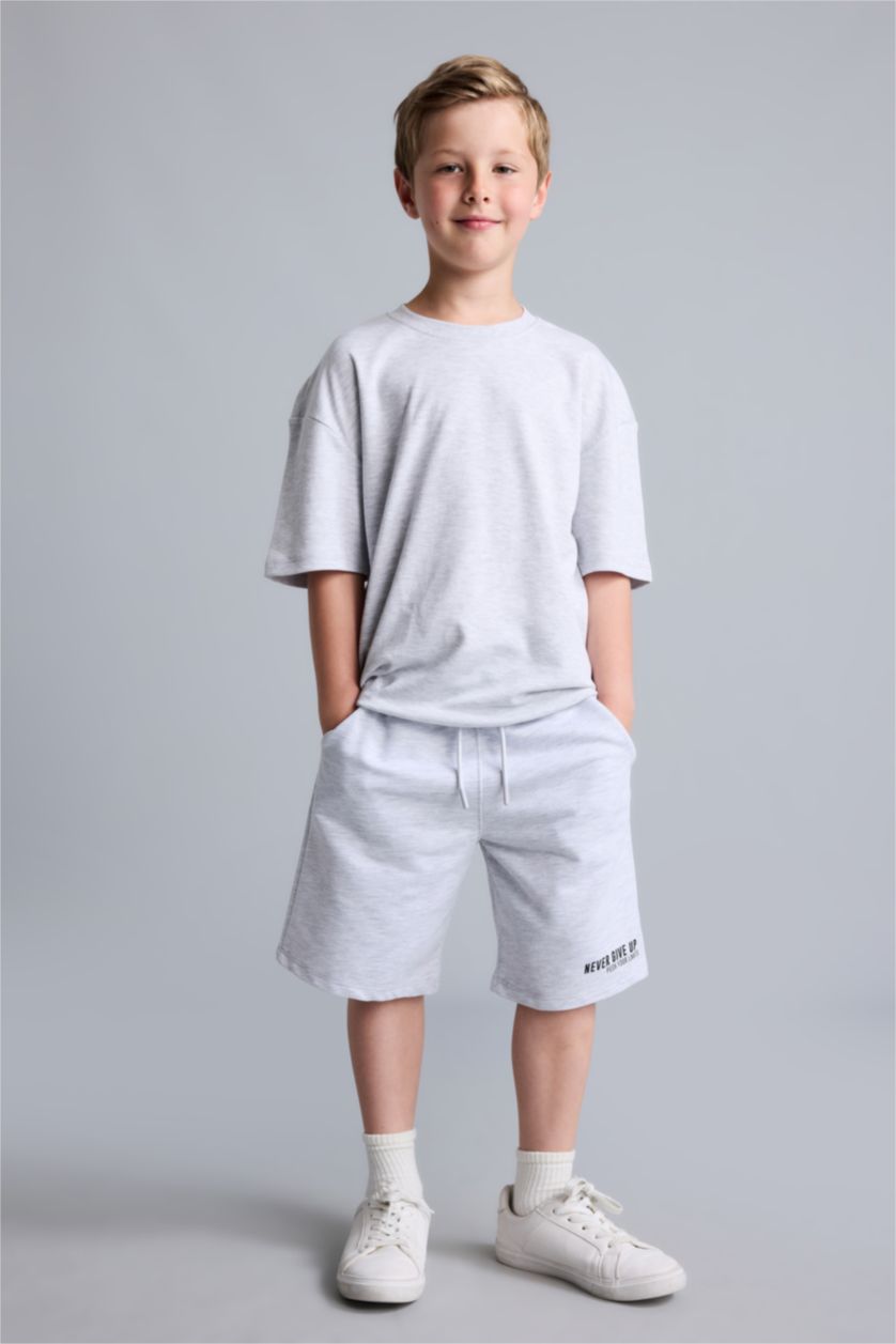 Erkek Çocuk - Genç Erkek Optik Gri Melanj Oversize Baskılı Şort Erkek Çocuk