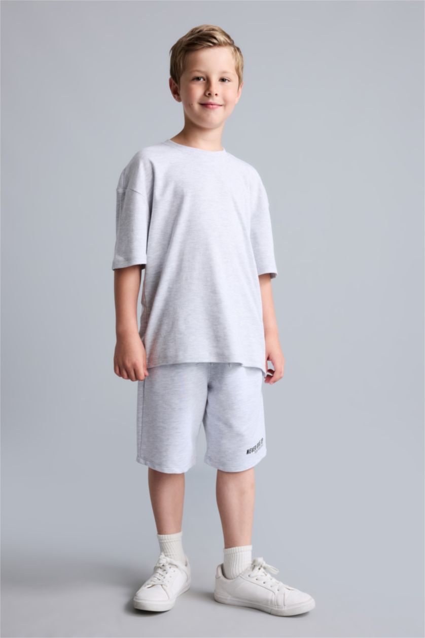 Erkek Çocuk - Genç Erkek Optik Gri Melanj Oversize Baskılı Şort Erkek Çocuk