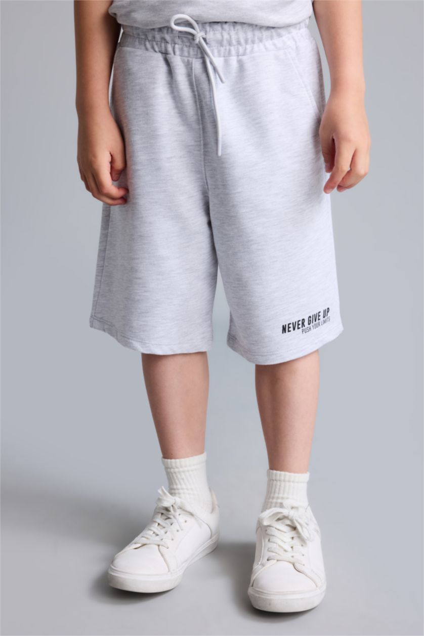 Erkek Çocuk - Genç Erkek Optik Gri Melanj Oversize Baskılı Şort Erkek Çocuk