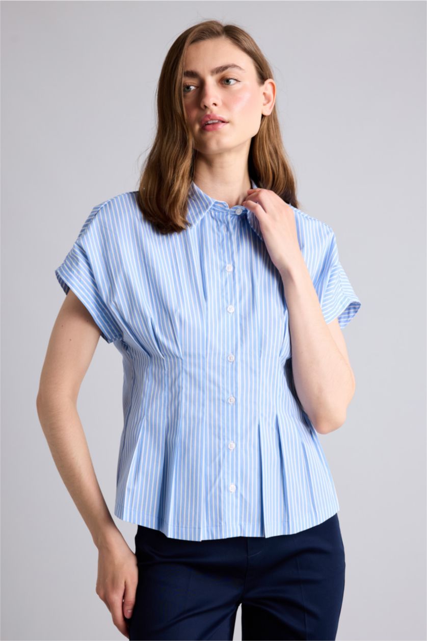 Women Blue Slim Fit Poplin Short Sleeve Shirt