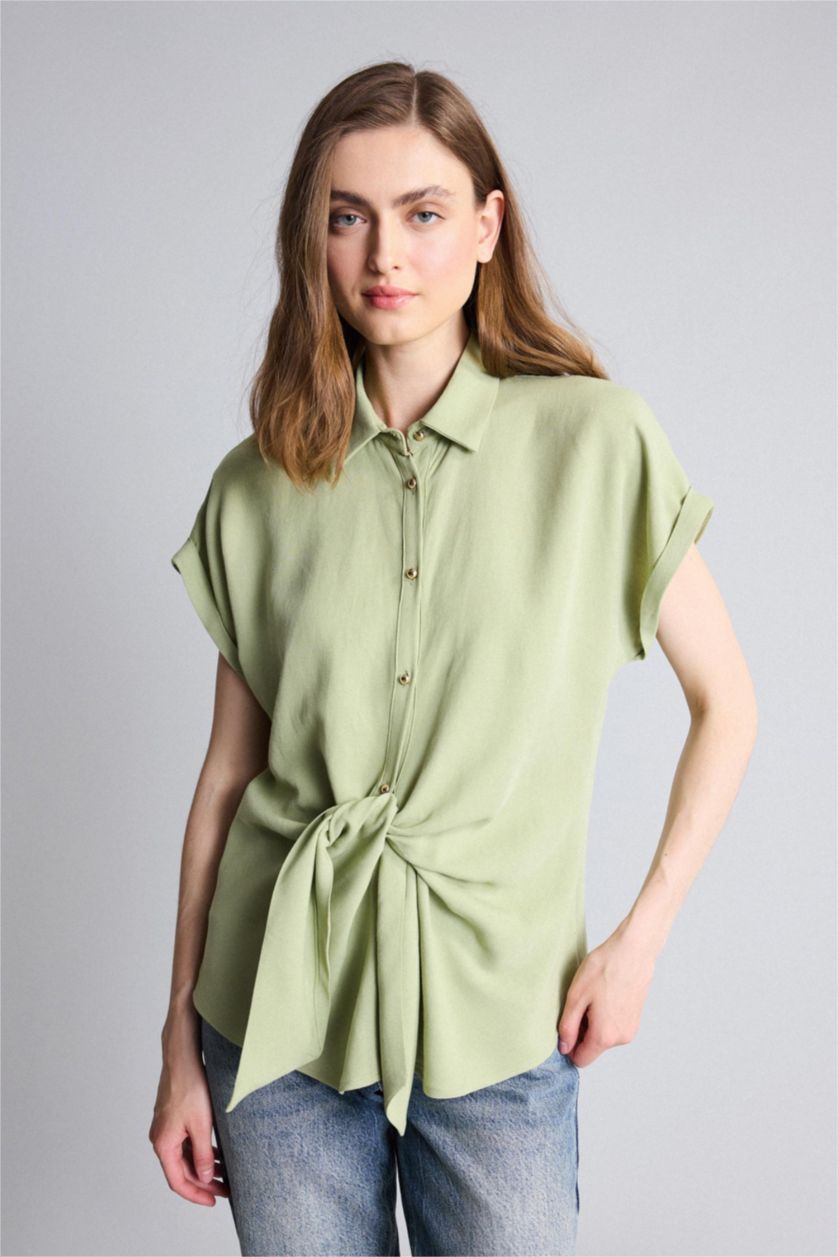 Women Green Regular Fit Linen Blended Short Sleeve Shirt