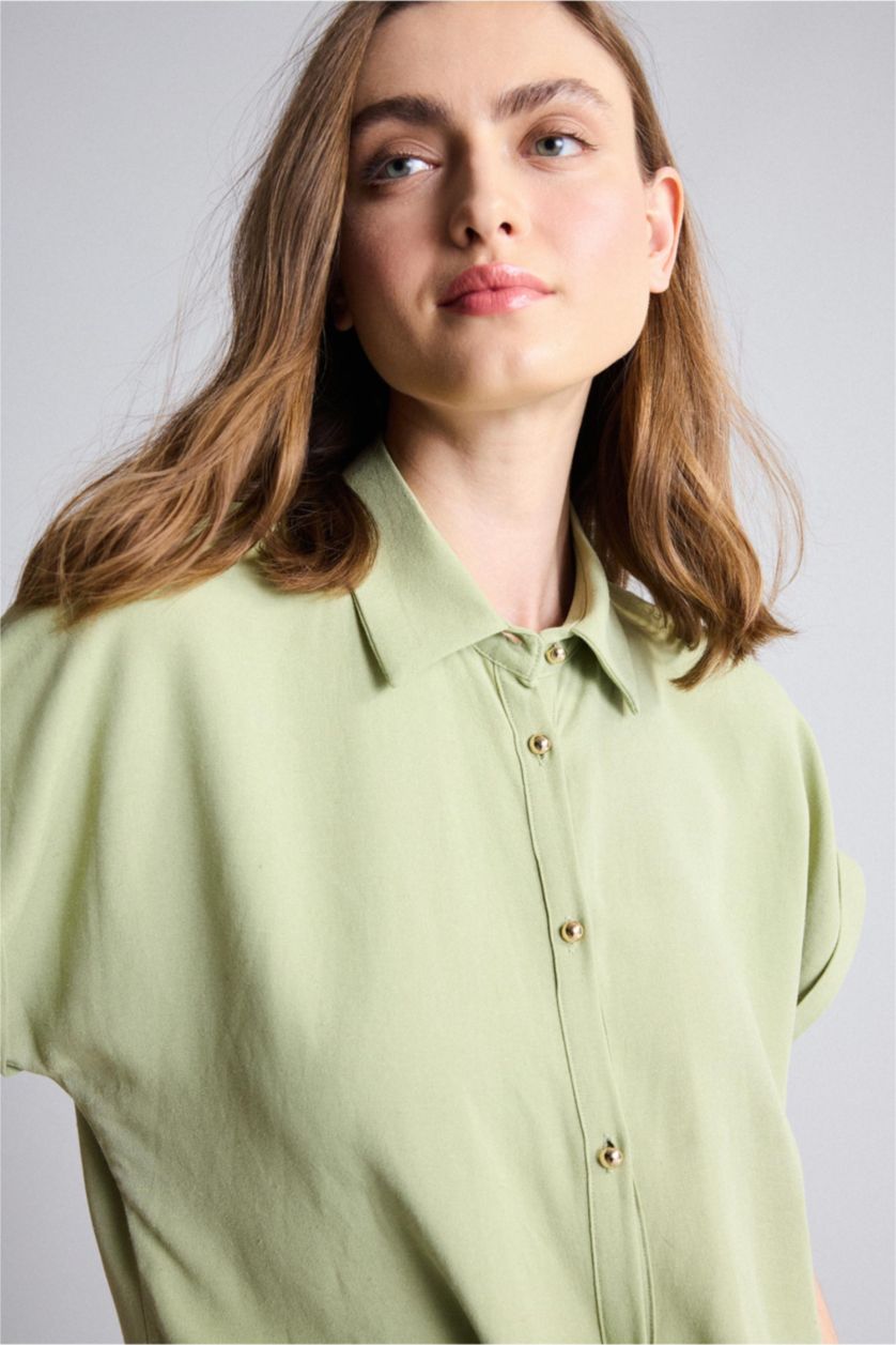 Women Green Regular Fit Linen Blended Short Sleeve Shirt