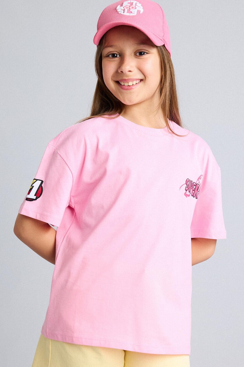 Kız Çocuk - Genç Kız Pembe %100 Pamuk Super 1 Takım Oversıze Tişört Kız Çocuk