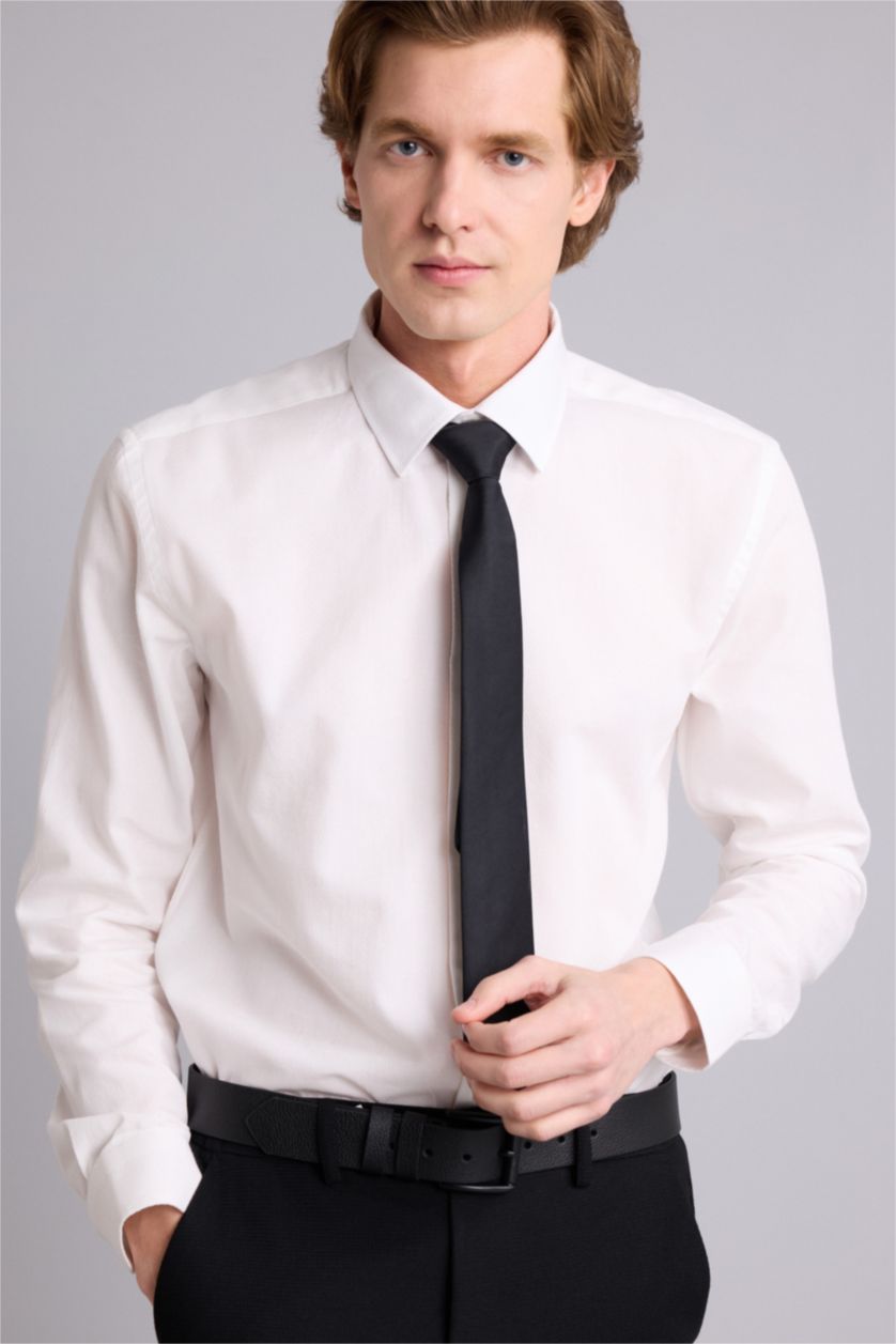 Erkek Kırık Beyaz Modern Fıt Polo Yaka Pamuklu Uzun Kollu Gömlek