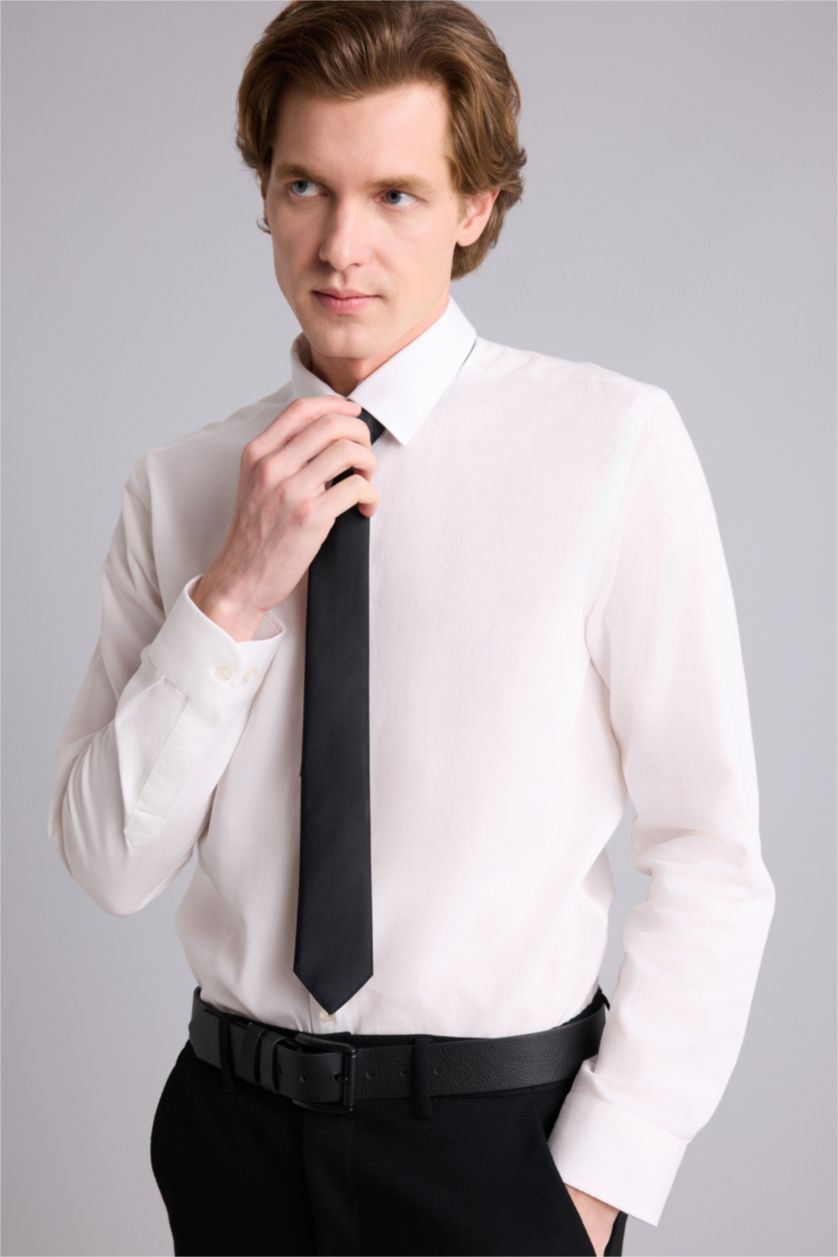 Erkek Kırık Beyaz Modern Fıt Polo Yaka Pamuklu Uzun Kollu Gömlek