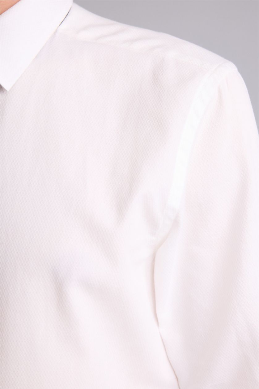 Erkek Kırık Beyaz Modern Fıt Polo Yaka Pamuklu Uzun Kollu Gömlek