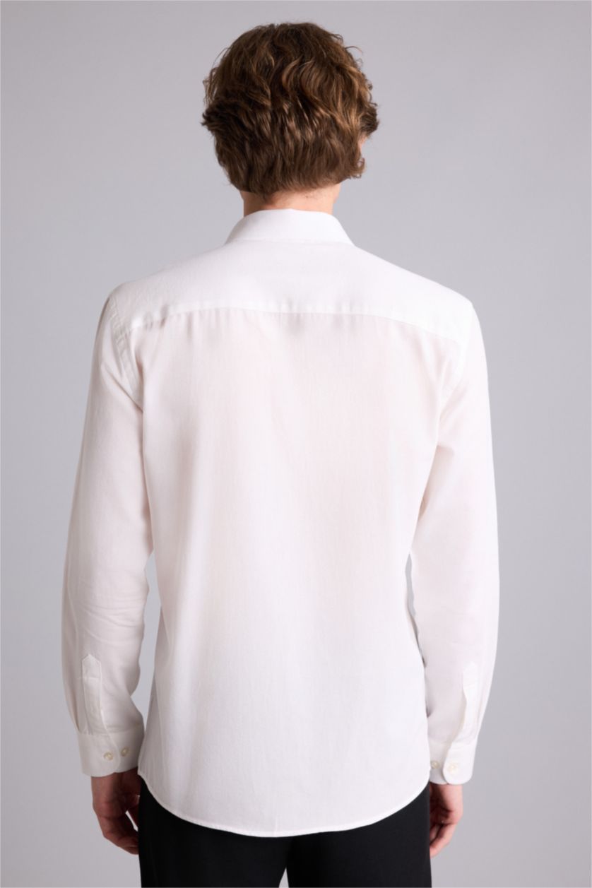 Erkek Kırık Beyaz Modern Fıt Polo Yaka Pamuklu Uzun Kollu Gömlek
