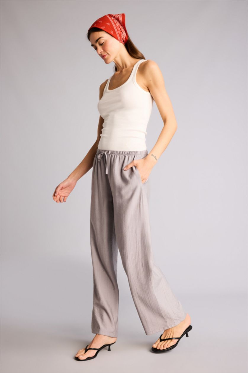 نساء رمادي بنطرون وايد ليج برجل واسع بجيب وخصر عالي