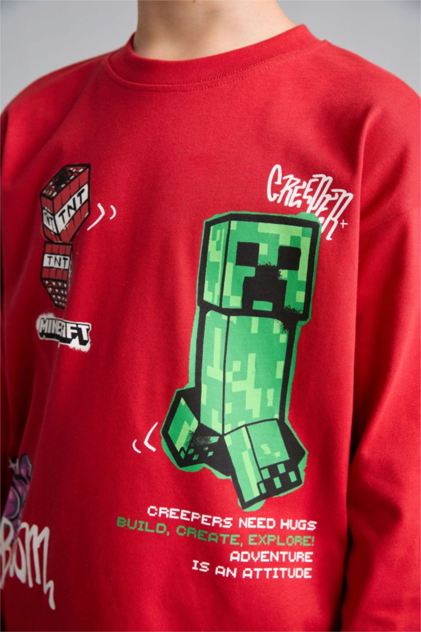 Erkek Çocuk - Genç Erkek Kırmızı Minecraft Lisanslı Oversize Uzun Kollu Tişört Erkek Çocuk