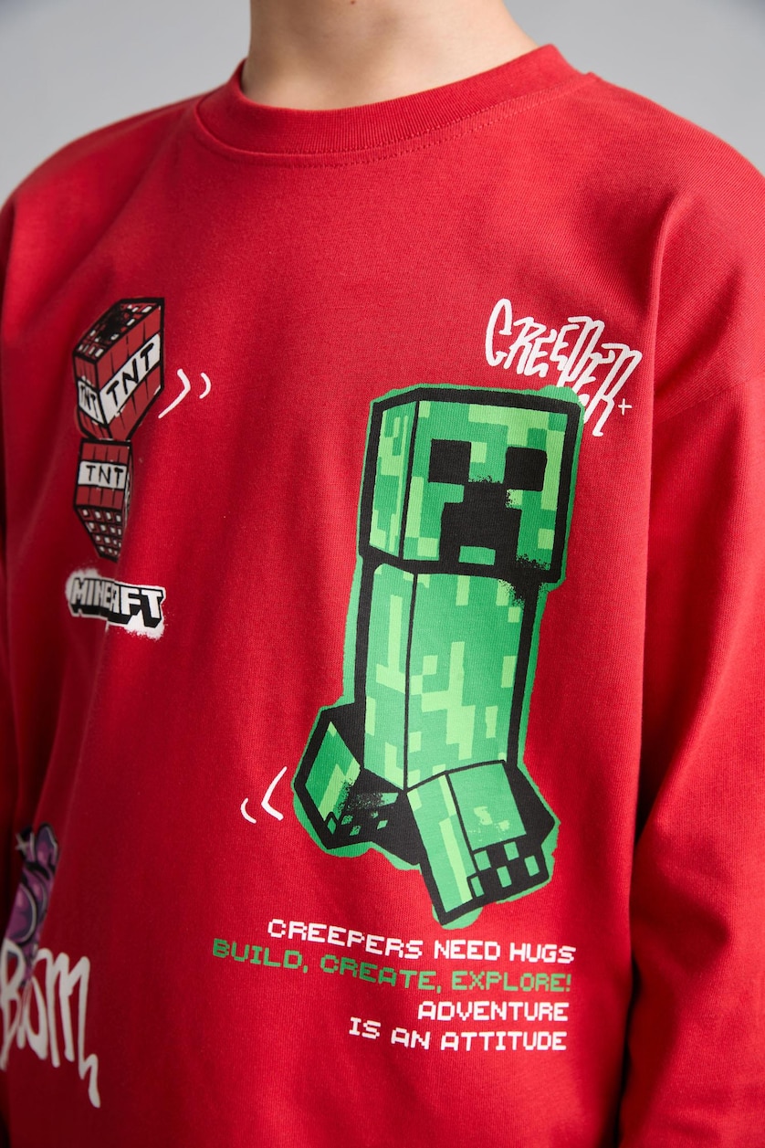 Erkek Çocuk - Genç Erkek Kırmızı Minecraft Lisanslı Oversize Uzun Kollu Tişört Erkek Çocuk
