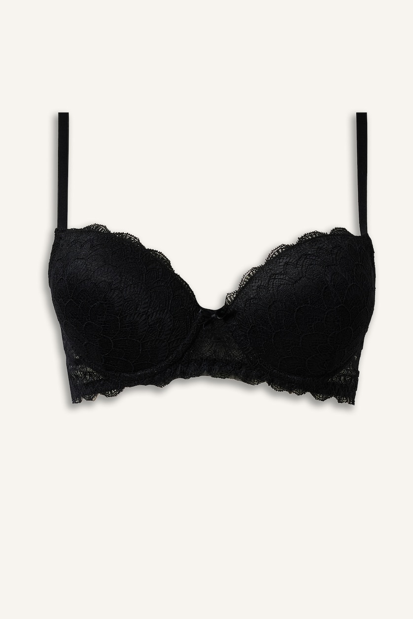 Kadın Siyah Dantel Kaplı Push Up Bra