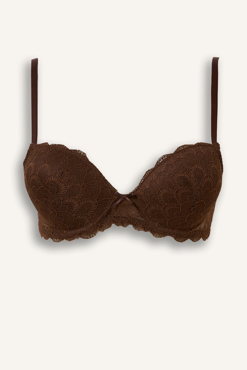 Kadın Kahve Dantel Kaplı Push Up Bra