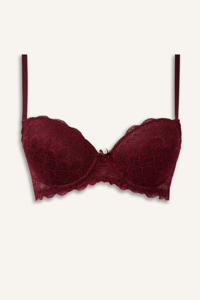 Kadın Bordo Dantel Kaplı Push Up Bra