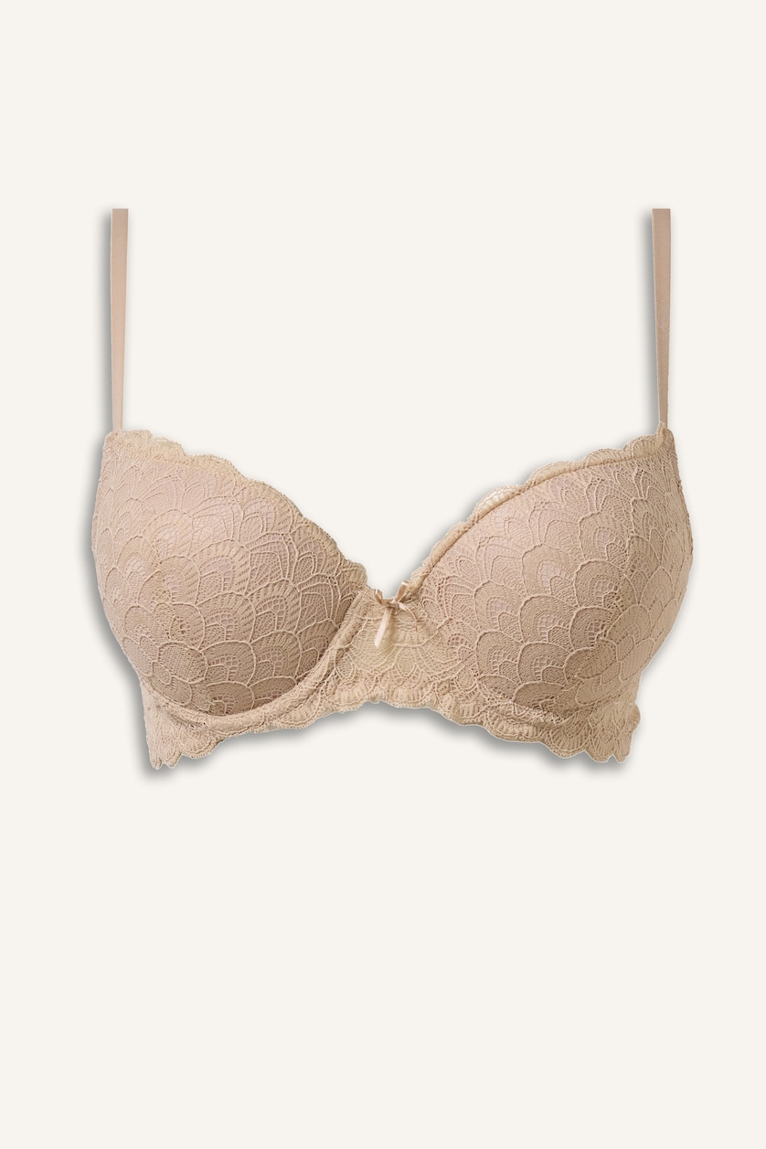 Kadın Bej Dantelli Full Push Up Balenli Basic Tişört Bra