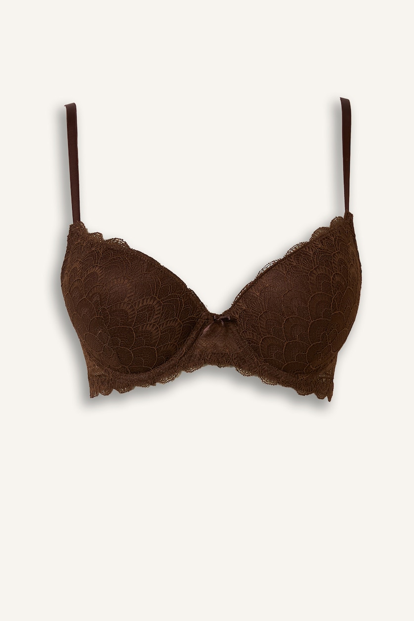 Kadın Kahve Dantelli Full Push Up Balenli Basic Tişört Bra