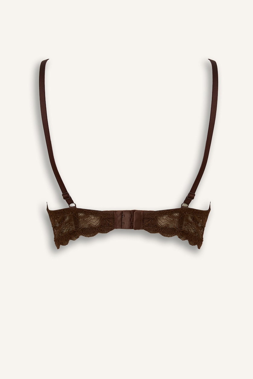 Kadın Kahve Dantelli Full Push Up Balenli Basic Tişört Bra
