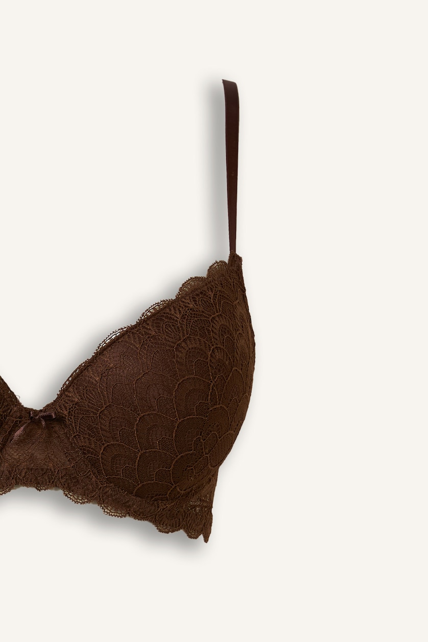 Kadın Kahve Dantelli Full Push Up Balenli Basic Tişört Bra