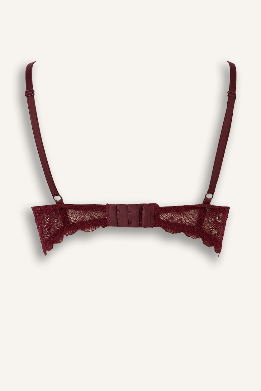 Kadın Bordo Dantelli Full Push Up Balenli Basic Tişört Bra