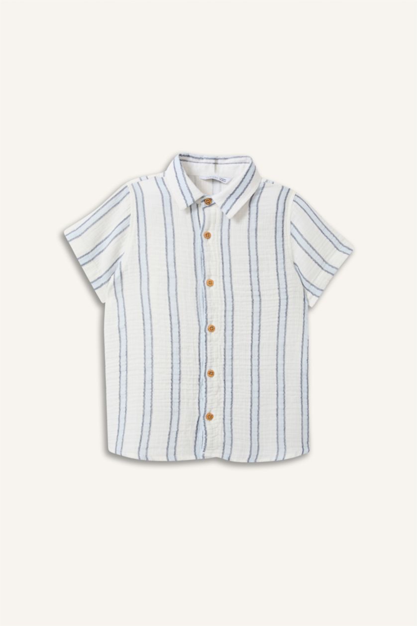 Baby Boys Ecru Regular Fit Muslin Striped Short Sleeve Shirt