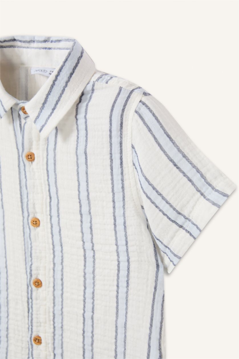 Baby Boys Ecru Regular Fit Muslin Striped Short Sleeve Shirt