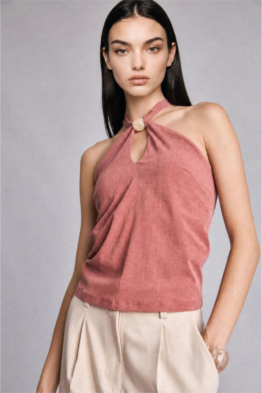 Kadın Kiremit Halter Yaka Slim Fit Krep Bluz