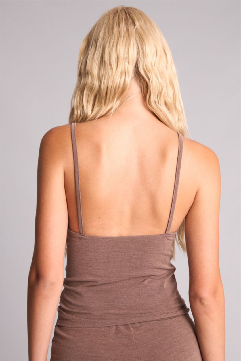 Kadın Açık Kahve Halter Yaka Slim Fit Krep Atlet