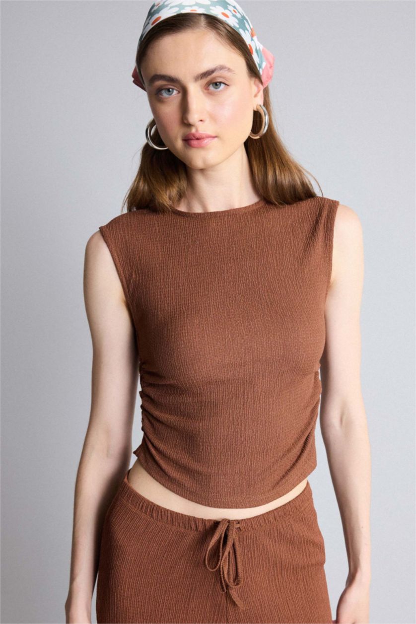 Kadın Kahve Slim Fit Kırışık Dokulu Atlet