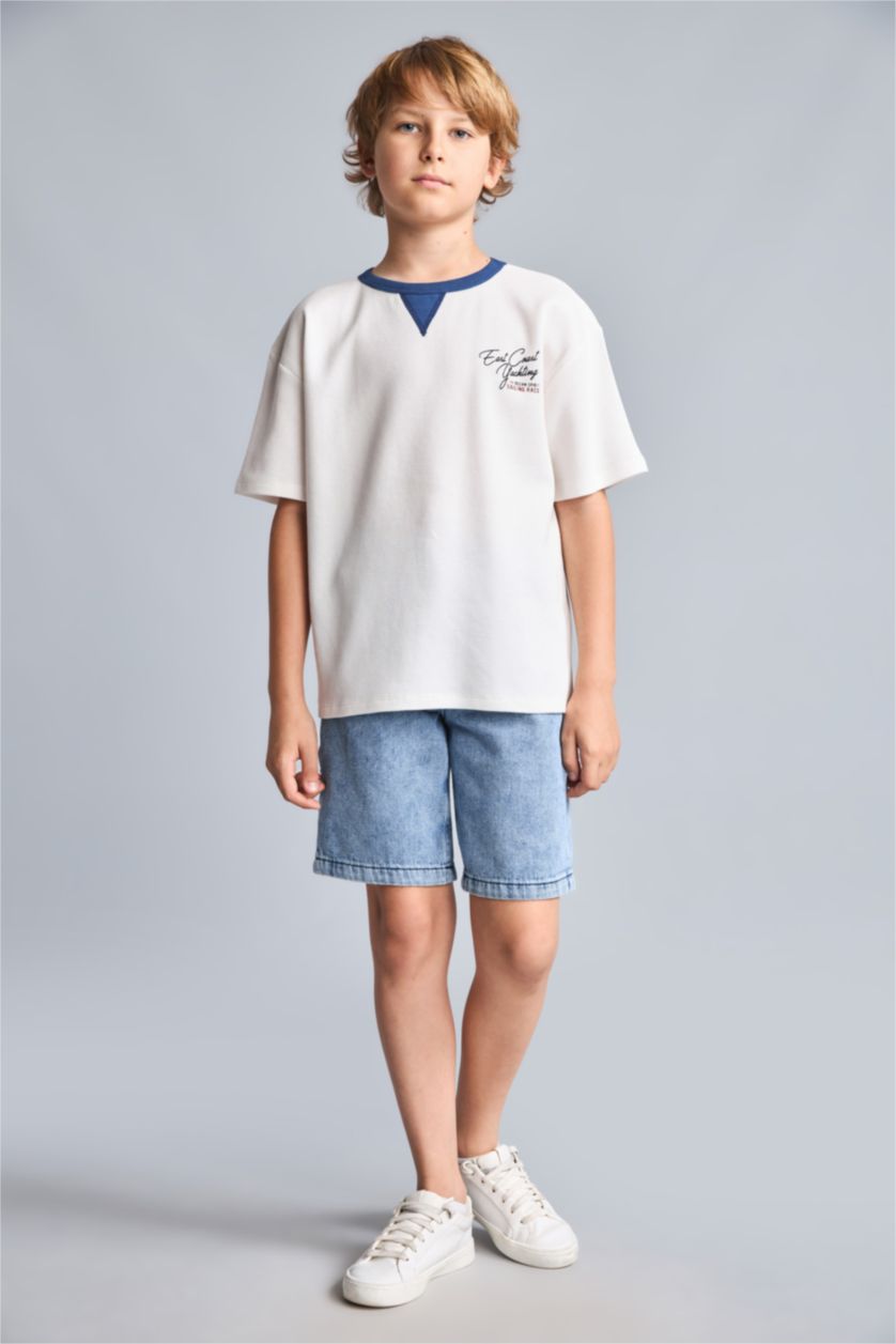 Мальчики и подростки Бежевый Футболка экрю New Regular Fit из вафельной ткани с круглым вырезом принтом и коротким рукавом для мальчиков