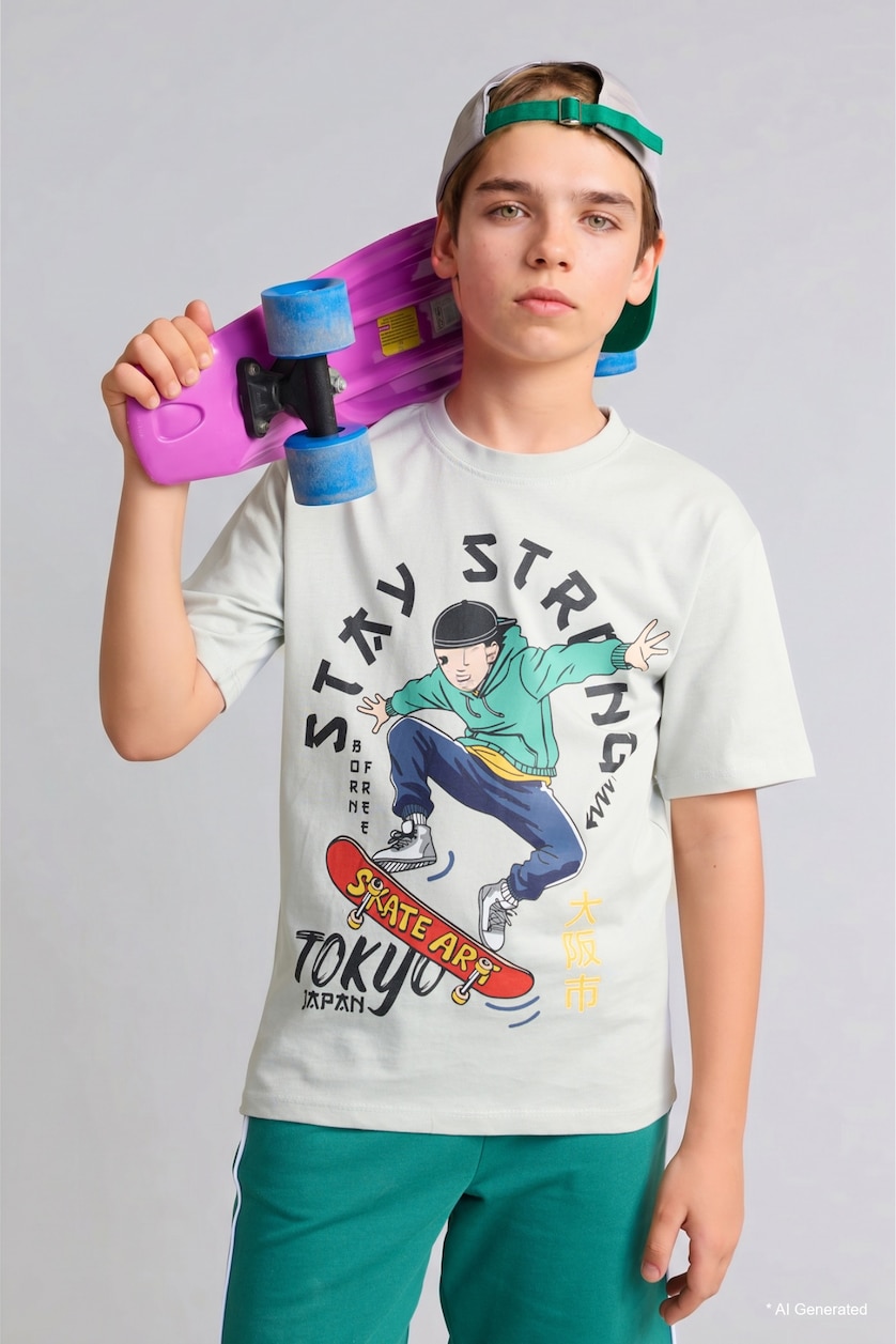 BOYS & TEENS Light Grey Boy 100% Cotton Printed T-Shirt