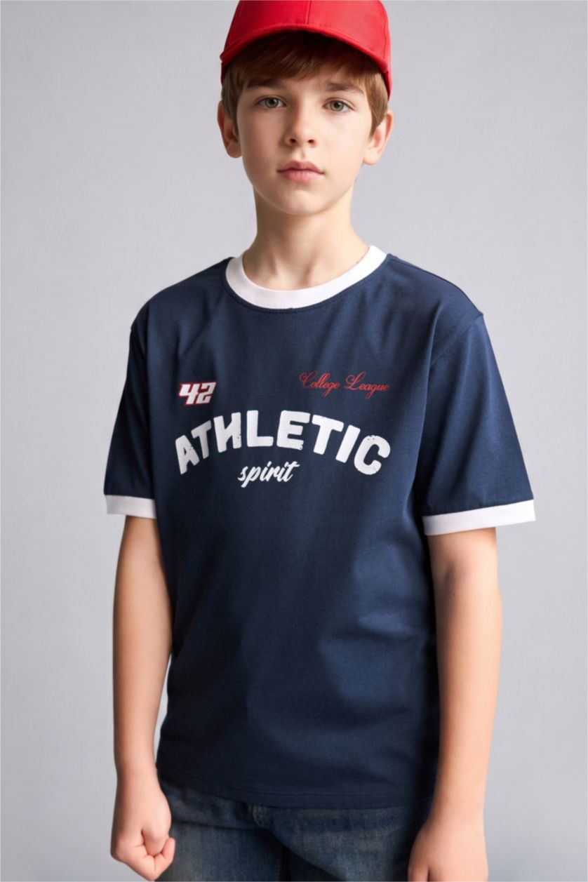 Boys & Teens NAVY تيشيرت ولادي نص ردن مطبوع قصة عادية