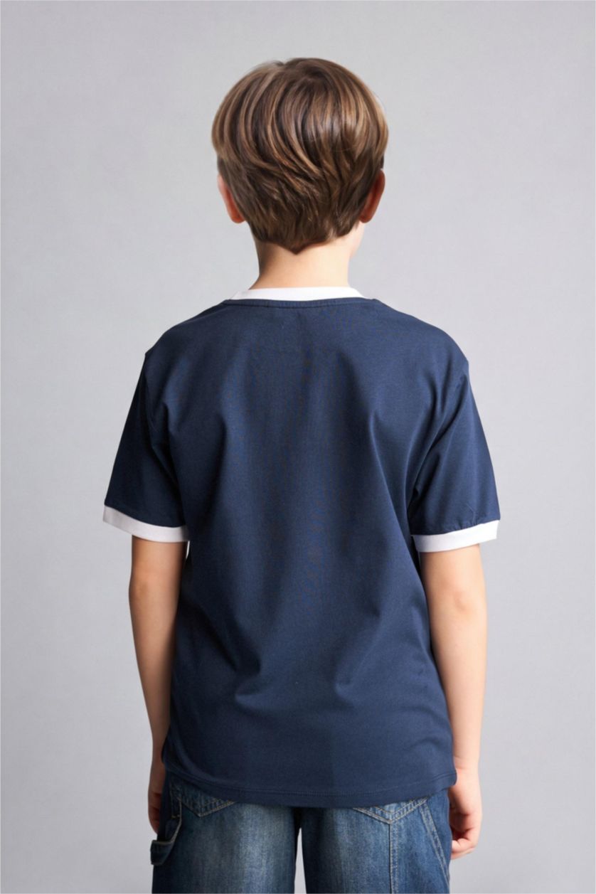 Boys & Teens NAVY تيشيرت ولادي نص ردن مطبوع قصة عادية