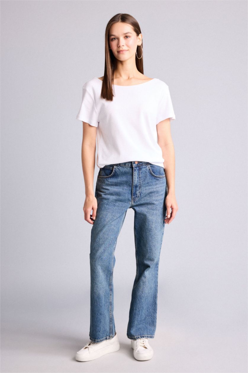 Women White Loose Fit Ribana Short Sleeve T-Shirt