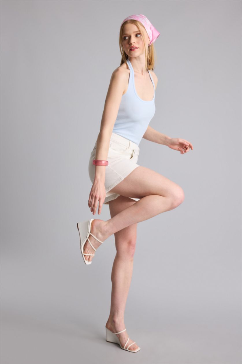 Women Light Blue Slim Fit Camisole Halter Collar Tank Top