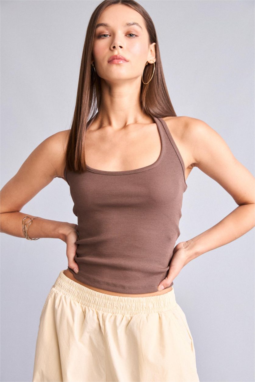 Women Light Brown Slim Fit Camisole Halter Collar Tank Top