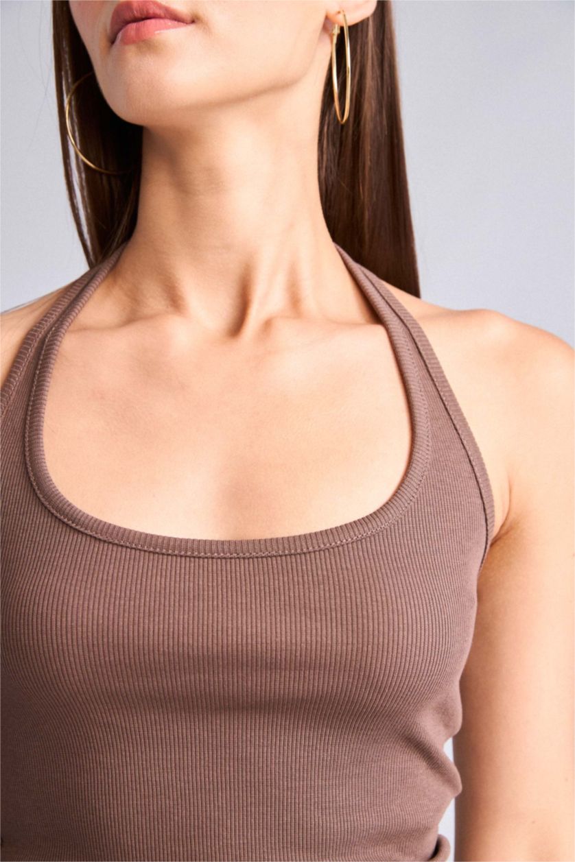 Women Light Brown Slim Fit Camisole Halter Collar Tank Top
