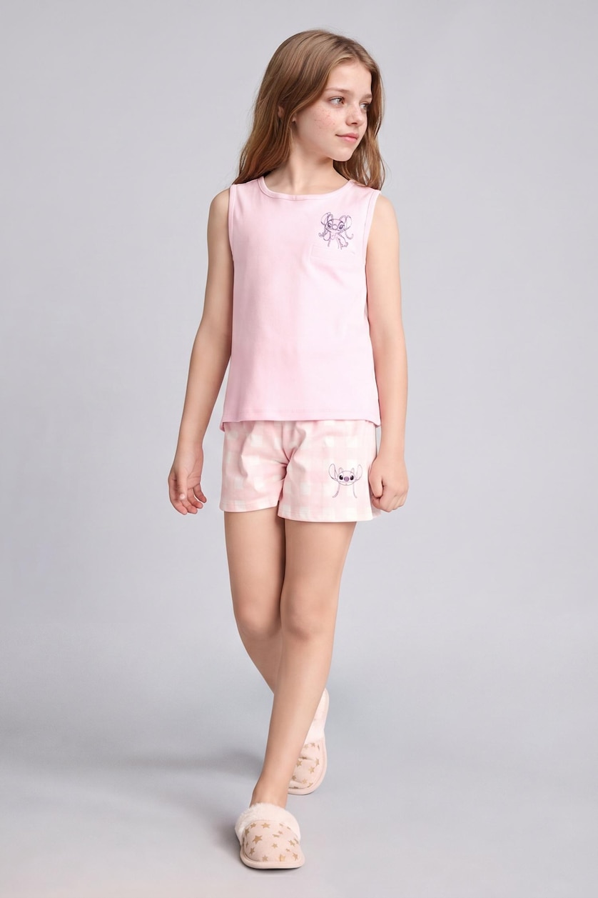 Kız Çocuk - Genç Kız Açık Pembe Lilo & Stitch Lisanslı Regular Fit Fitilli 2'Li Pijama Takımı Kız Çocuk