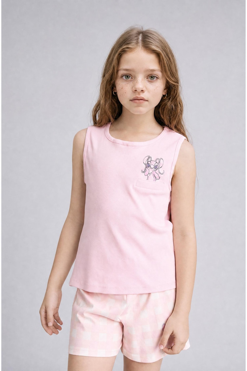 Kız Çocuk - Genç Kız Açık Pembe Lilo & Stitch Lisanslı Regular Fit Fitilli 2'Li Pijama Takımı Kız Çocuk
