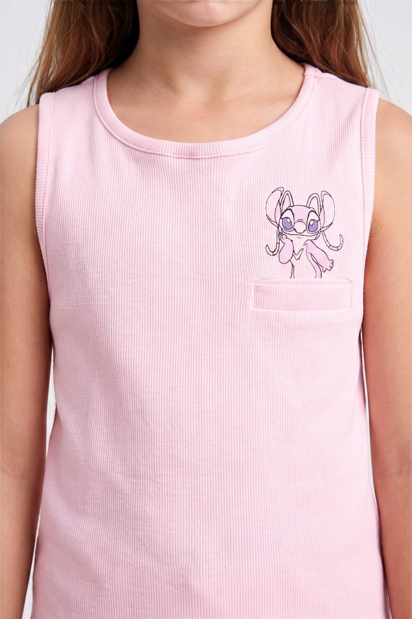 Kız Çocuk - Genç Kız Açık Pembe Lilo & Stitch Lisanslı Regular Fit Fitilli 2'Li Pijama Takımı Kız Çocuk