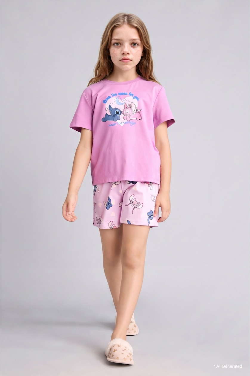 Girls & Teens Light Purple 2 piece Regular Fit Lilo & Stitch Knitted Pyjamas