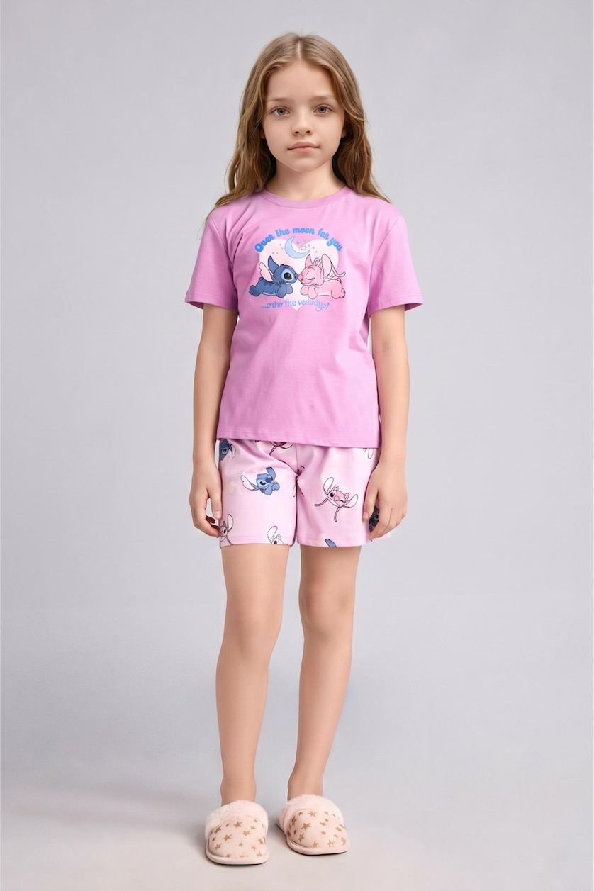 Kız Çocuk - Genç Kız Açık Mor Lilo & Stitch Lisanslı Regular Fit 2'Li Pijama Takımı Kız Çocuk