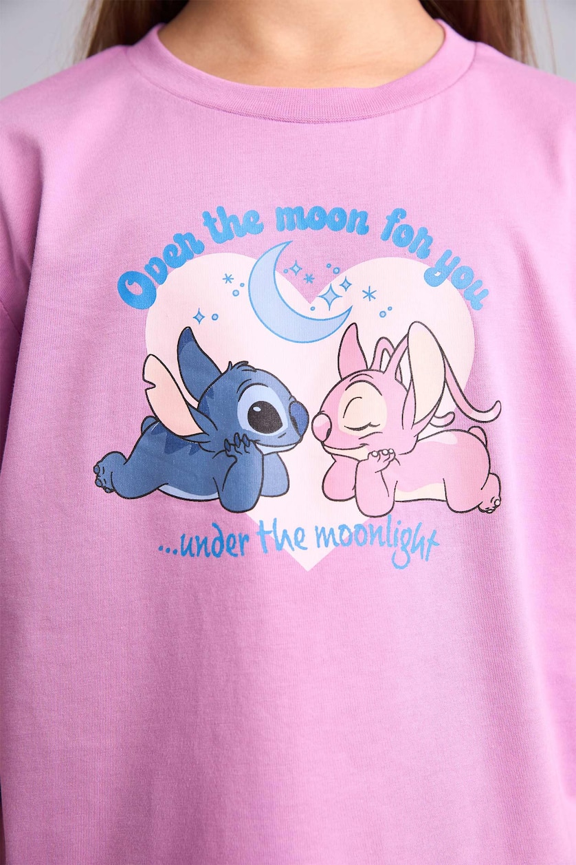 Kız Çocuk - Genç Kız Açık Mor Lilo & Stitch Lisanslı Regular Fit 2'Li Pijama Takımı Kız Çocuk