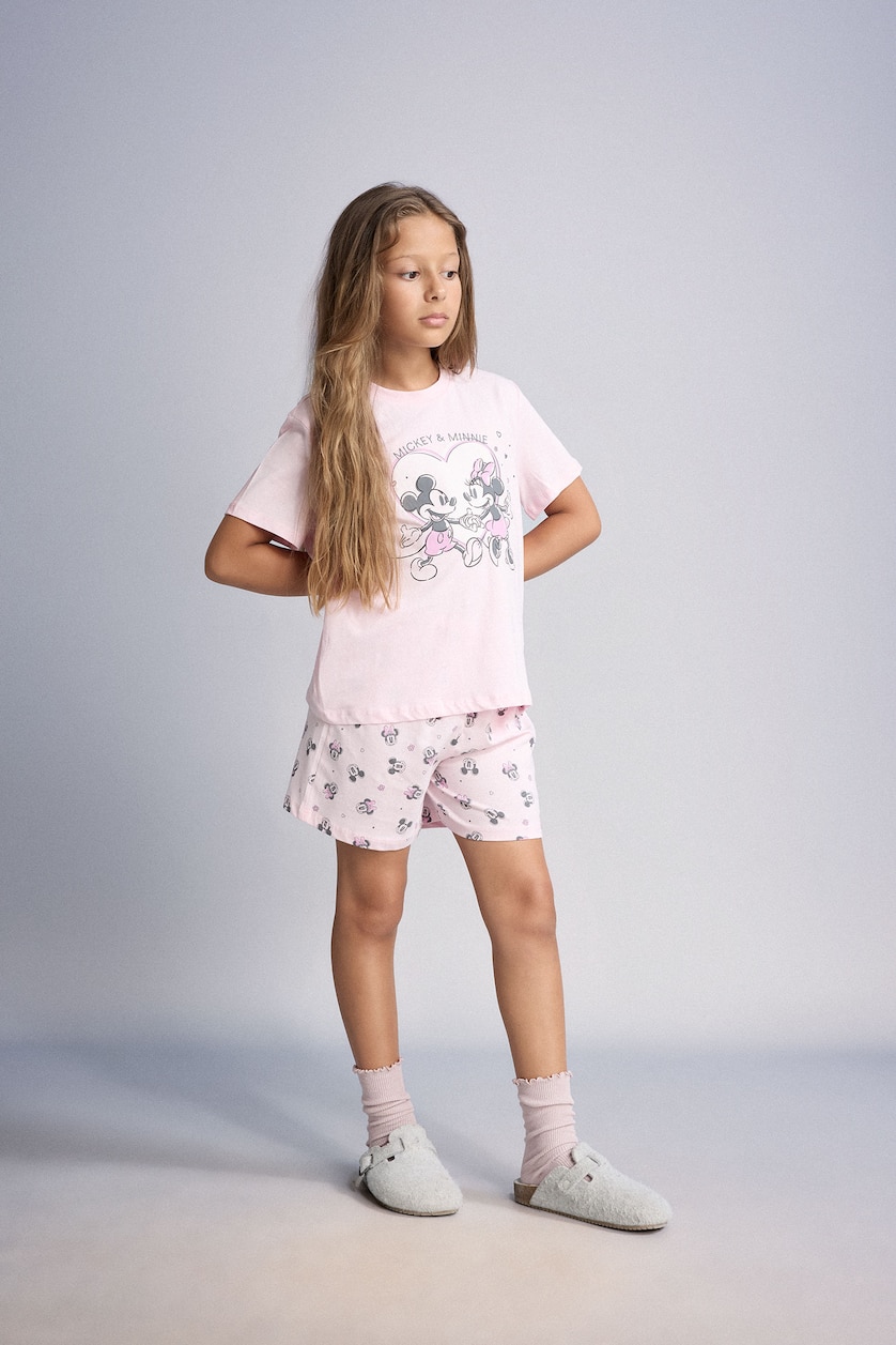 بنات زهري فاتح Girl 100% Cotton Disney Mickey & Minnie Regular Fit 2 Piece Pink Pajama Set