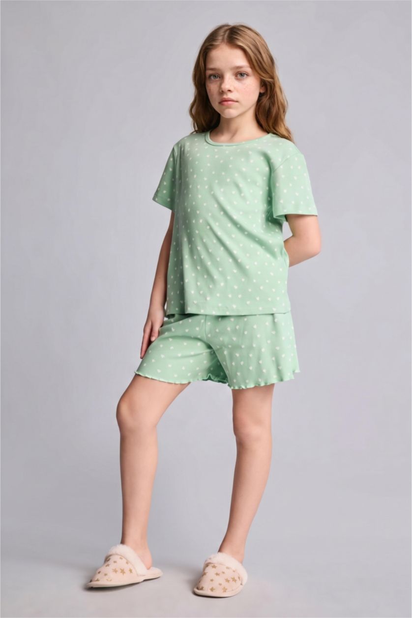Kız Çocuk - Genç Kız Mint Puantiyeli Fitilli Kaşkorse 2'li Pijama Takımı Kız Çocuk