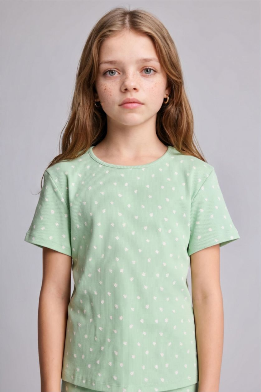 Kız Çocuk - Genç Kız Mint Puantiyeli Fitilli Kaşkorse 2'li Pijama Takımı Kız Çocuk
