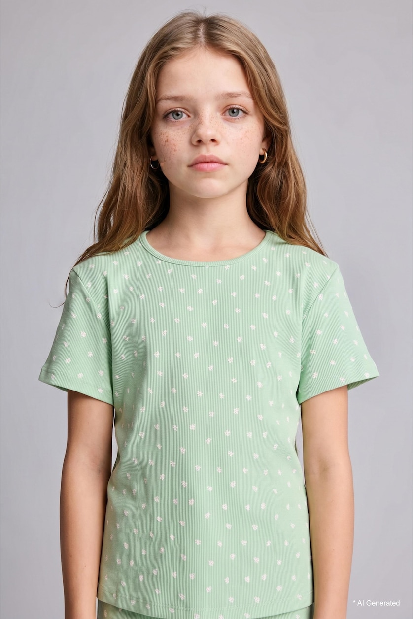 GIRLS & TEENS Mint Girl Regular Fit Polka Dot Ribbed 2 Piece Pajama Set